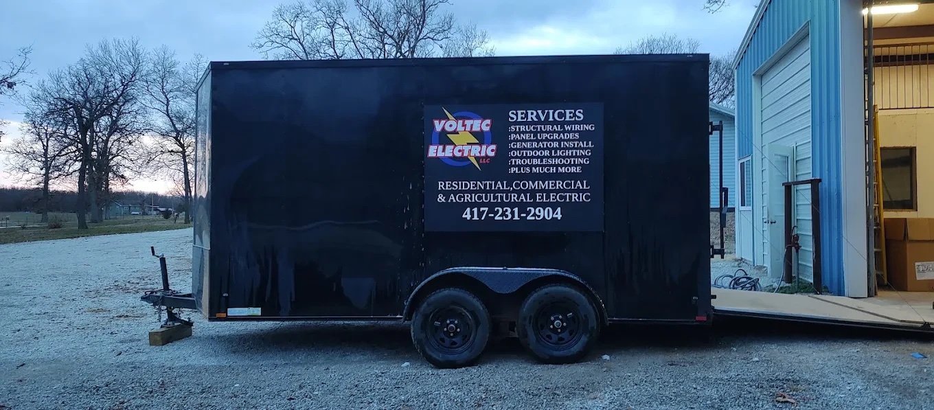 Voltec Electric work trailer listing residential, commercial and agricultural electric services
